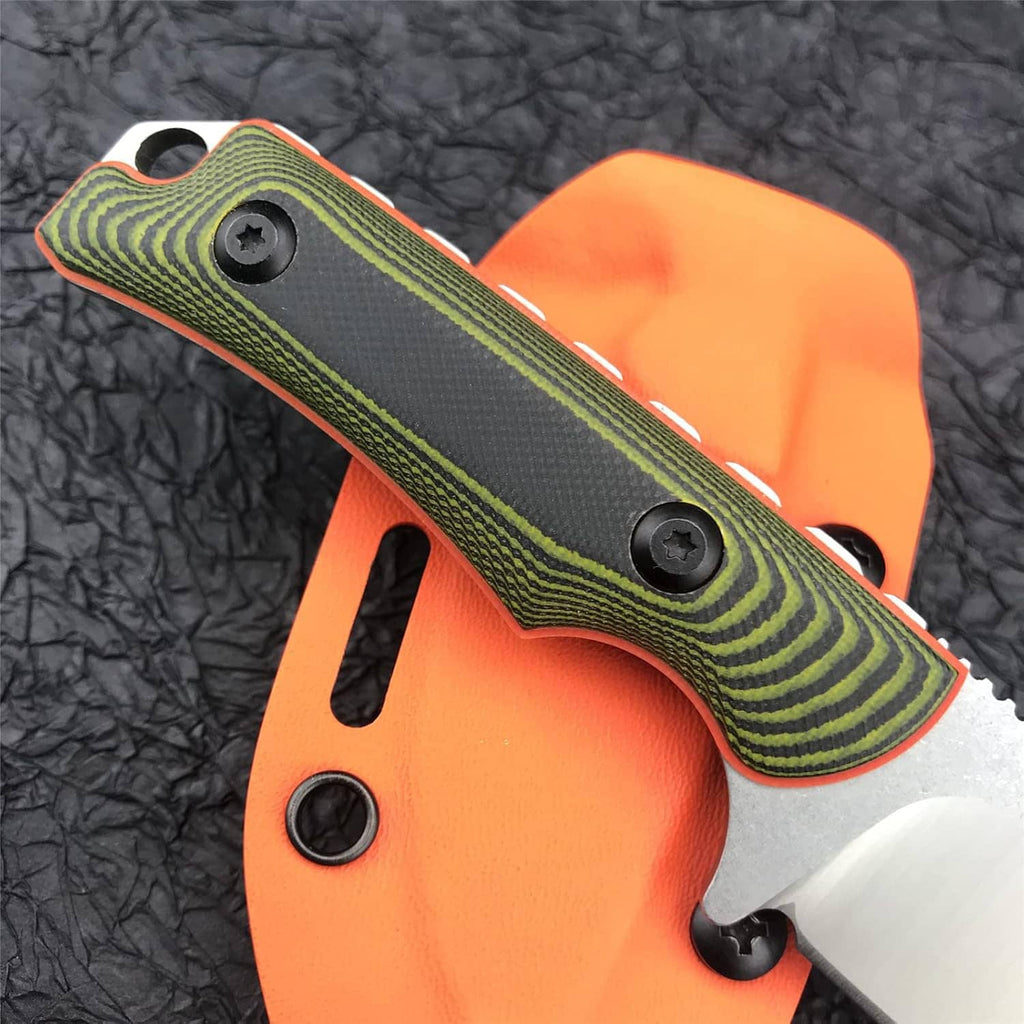 Fixed blade knife with green grip and orange sheath, top view of black retention screws