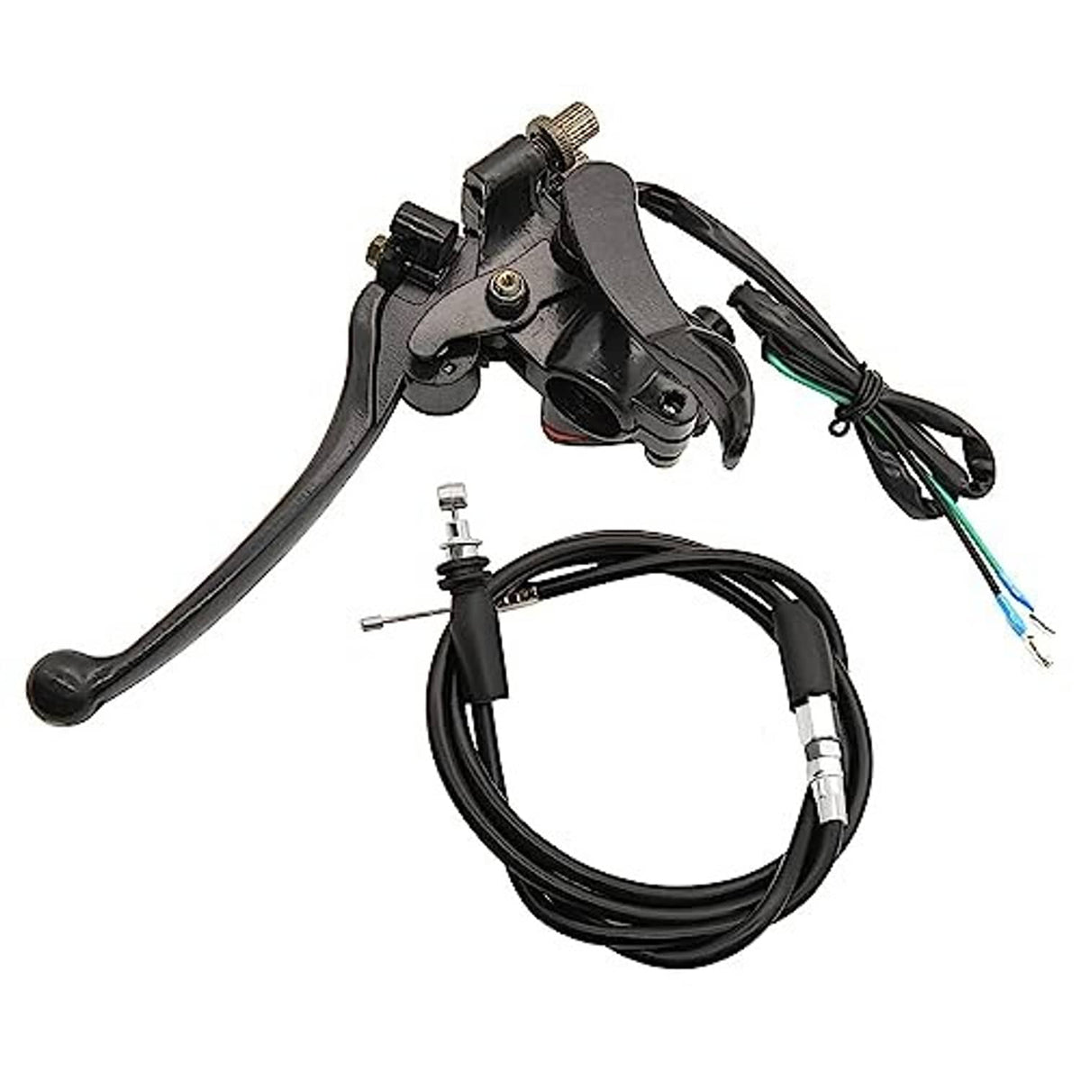 Dual brake lever thumb throttle assembly with black levers and cable wiring.