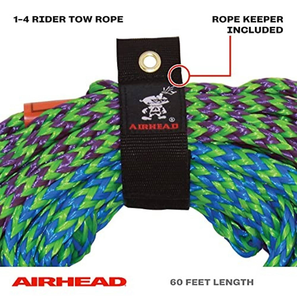 Tow rope with black rope-keeper tab and gold eyelet, purple green blue braid