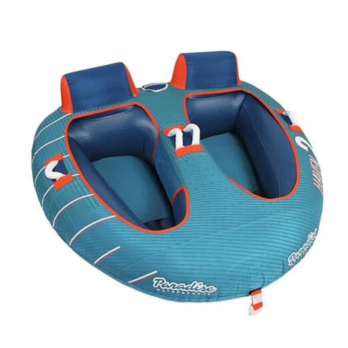 Teal and dark blue water towable tube with two padded cockpit seats and red accents