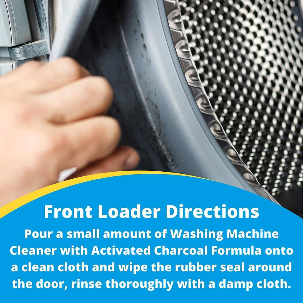 Hand wiping washing machine rubber seal with cleaner on a clean cloth