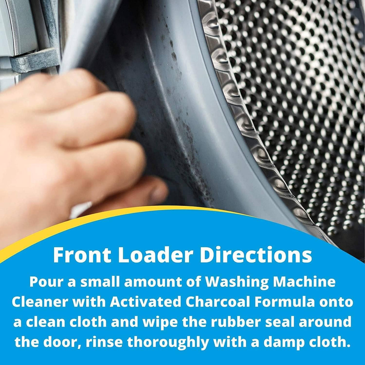 Hand wiping washing machine rubber seal with cleaner on a clean cloth