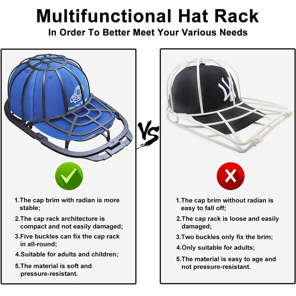 Multifunctional hat rack with blue cap set on curved black holder