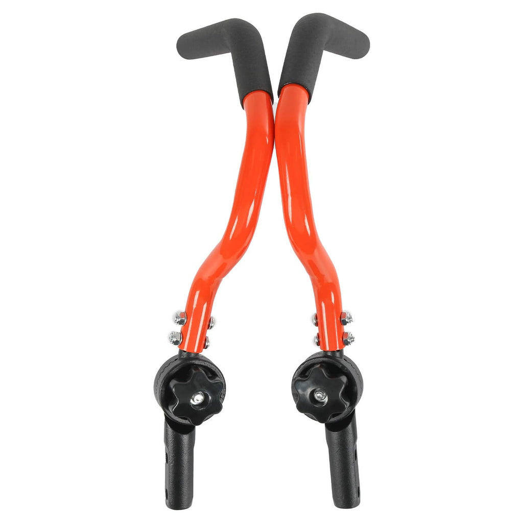Pair of orange steering arms with black grips and round adjustable mounting bases