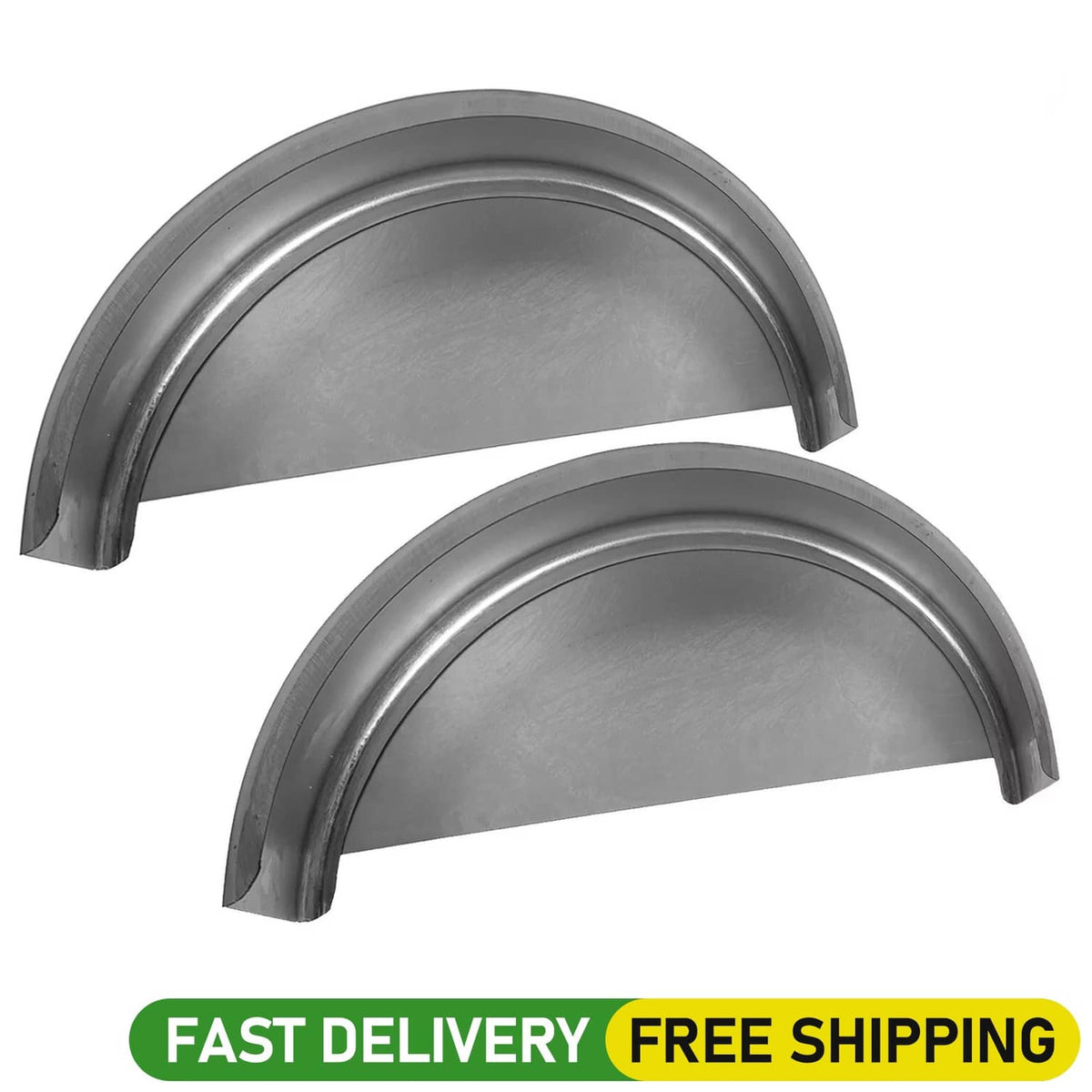 Steel round single-axle trailer fenders set with curved back plates, silver-gray