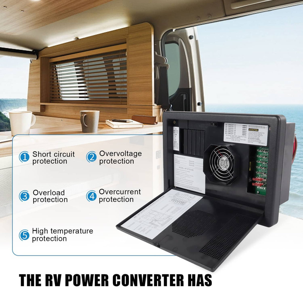 RV power converter shown open with cooling fan and protection indicator icons on panel