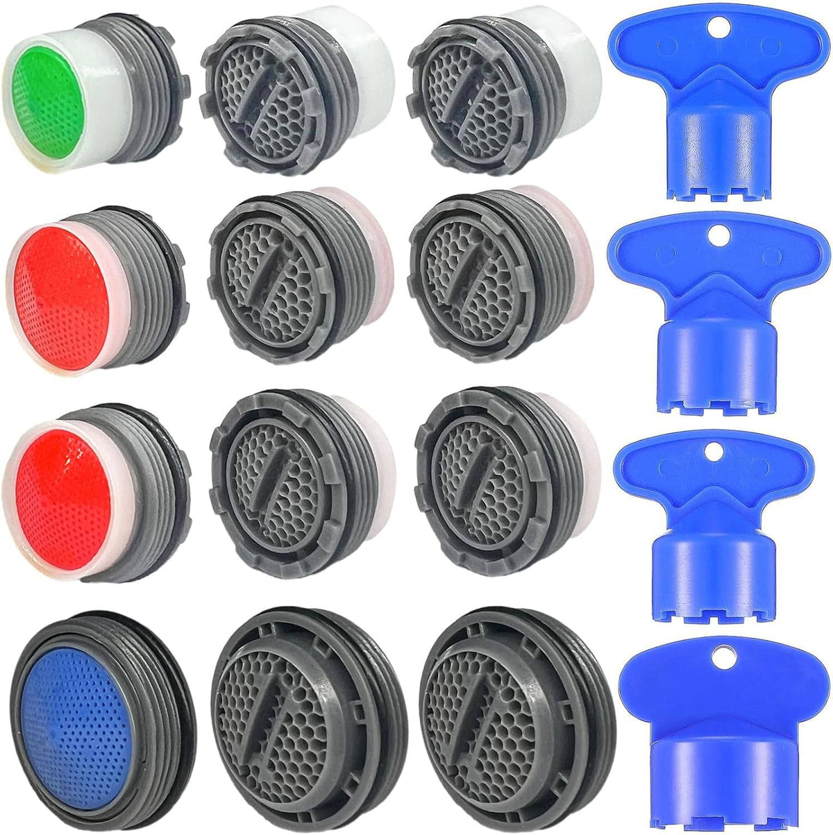 Assorted faucet aerator spray inserts with green, red, and blue screens plus blue keys