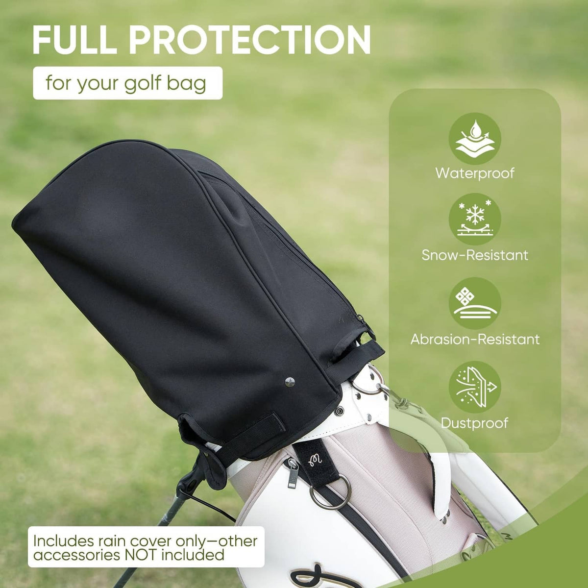 Black golf bag rain hood cover with cinch strap and water-resistant fabric
