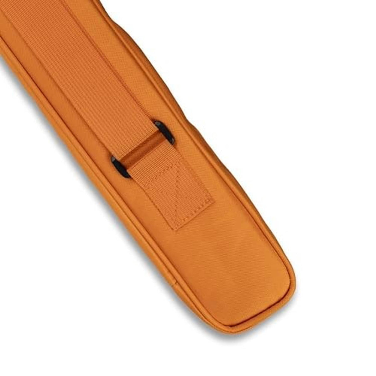 Orange cue case end with fabric handle loop and stitched reinforcement panel