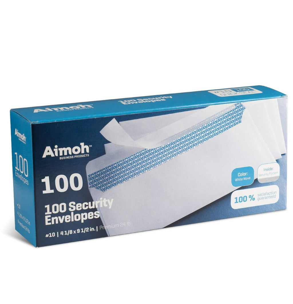 Front view of boxed #10 security self-seal envelopes, no window, white and blue