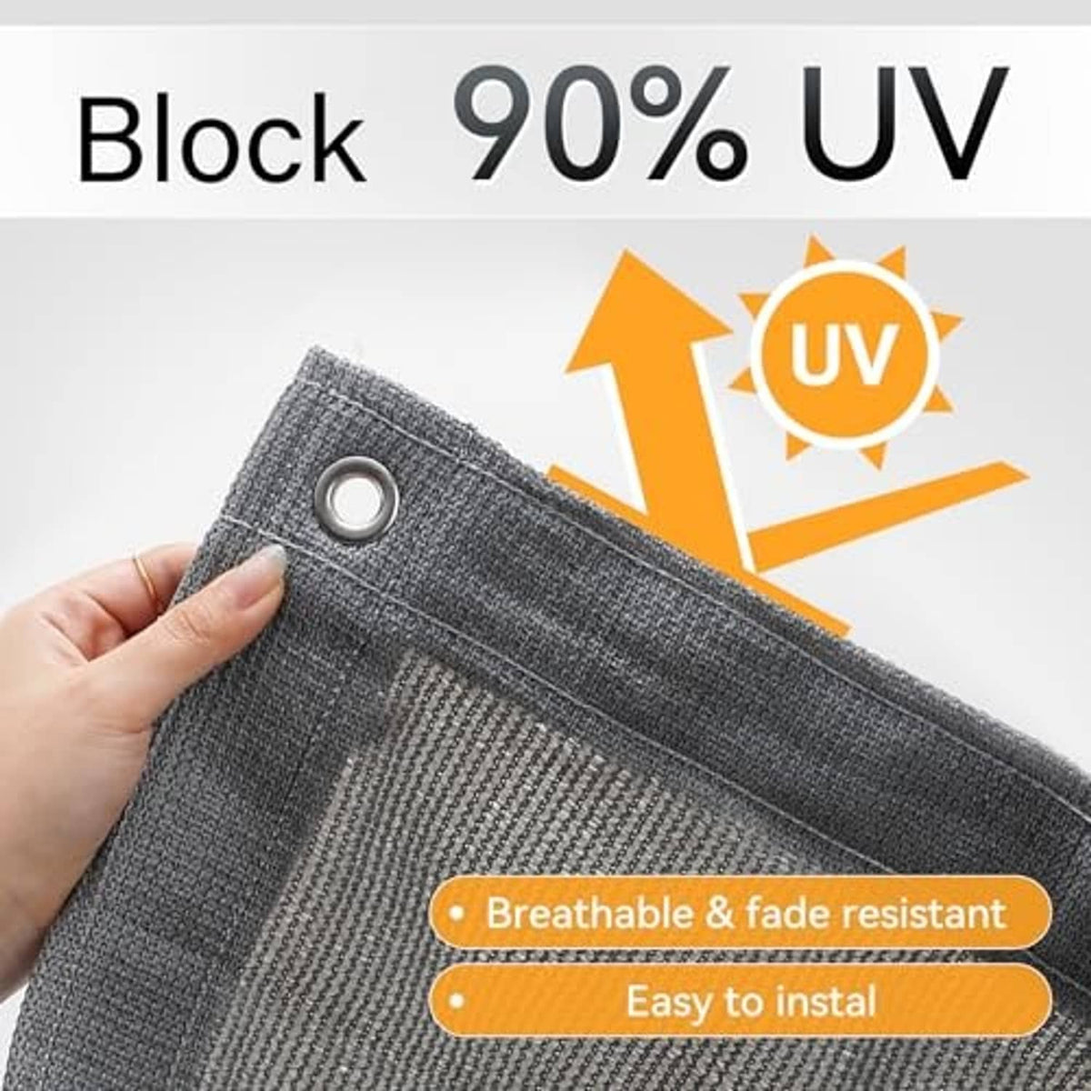 Gray shade cloth edge held by hand, breathable mesh with reinforced grommets