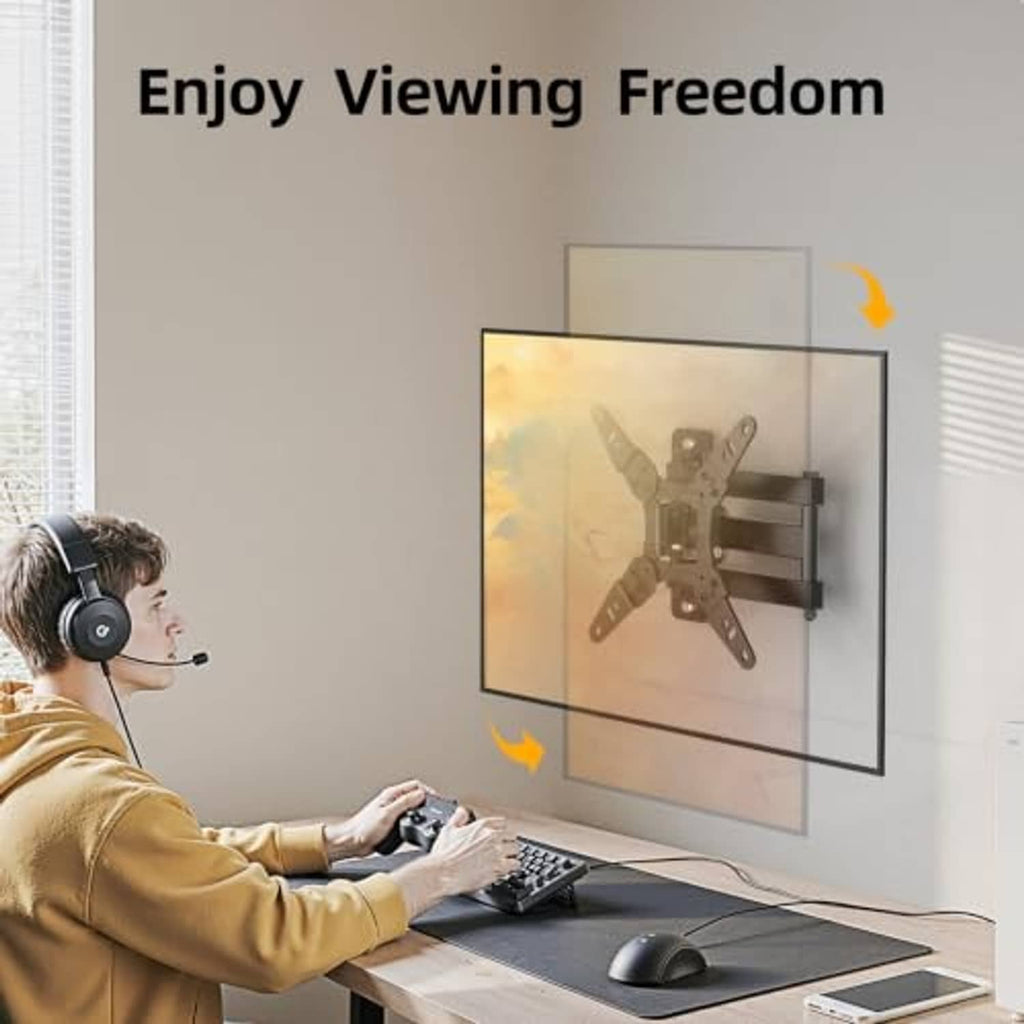 Wall-mounted full-motion TV mount with swivel arms holding a flat screen