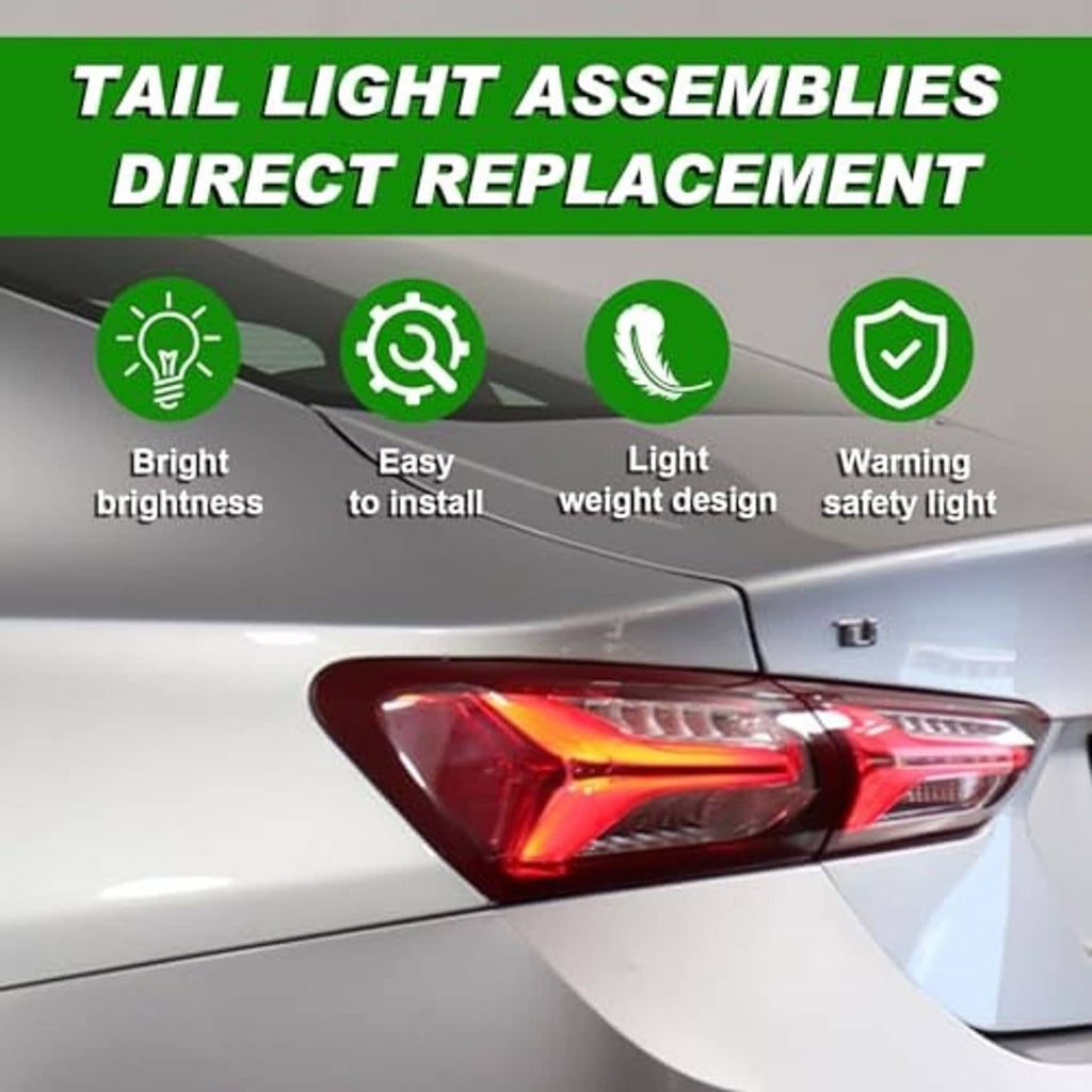 Left driver side LED tail light on car, illuminated red with clear inner sections