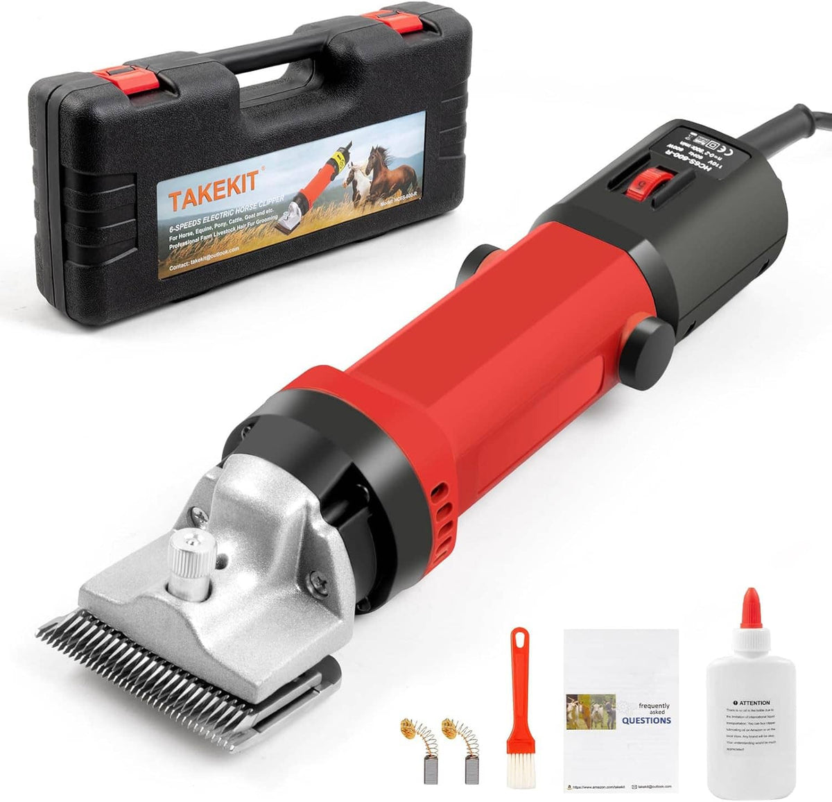Red and black professional horse body clipper with metal blade and storage case