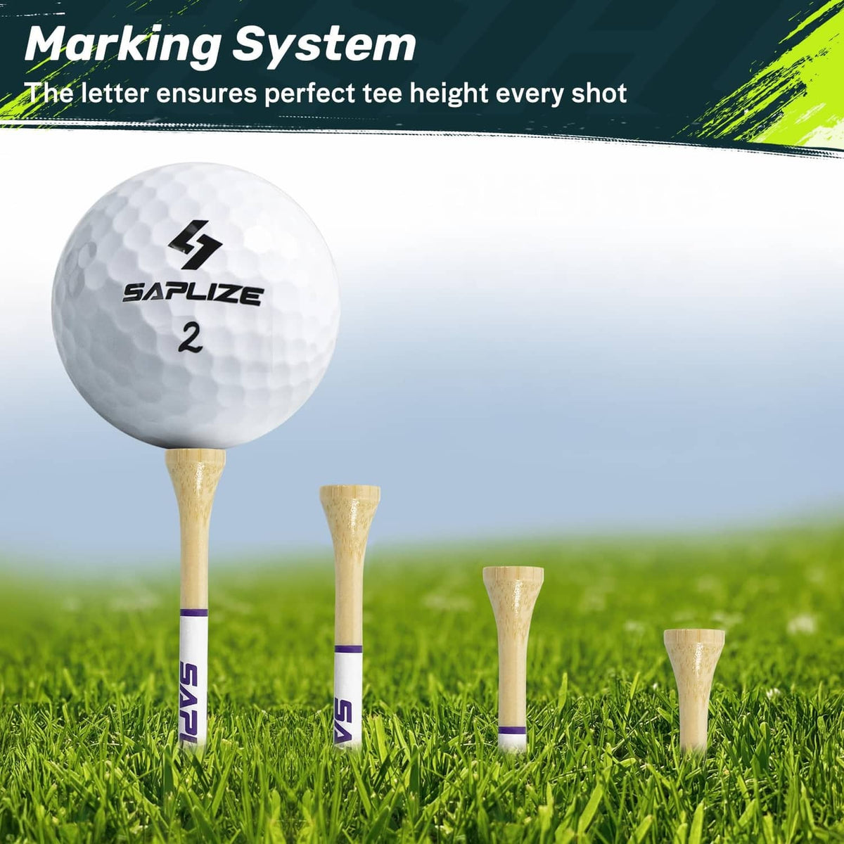 SAPLIZE golf ball on a bamboo tee with purple band and numbered marking.