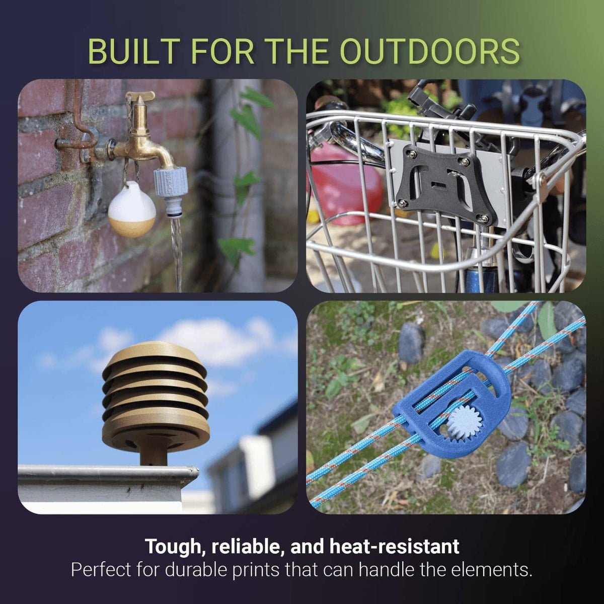 Outdoor filament use collage showing spool and application scenes with clips