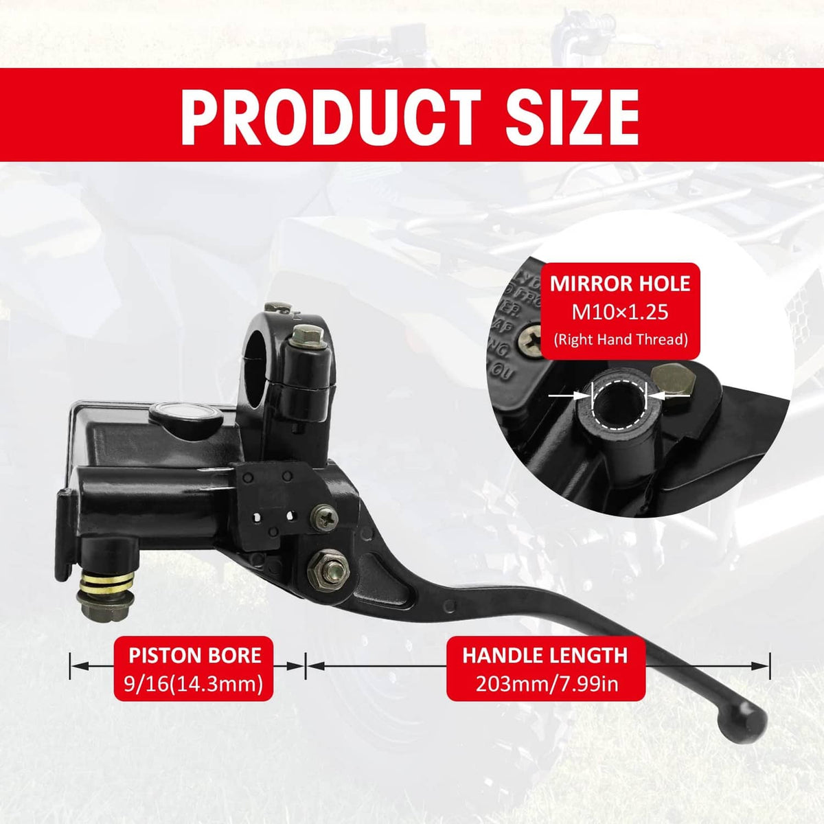 Front brake master cylinder with lever and threaded mirror-hole port on housing