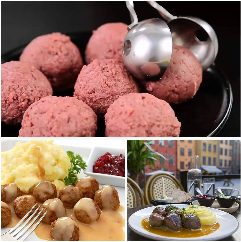 Tray of formed meatballs with stainless meatball scoop above the balls for serving.