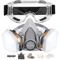 Half-face respirator set with clear goggles, gray mask and black straps