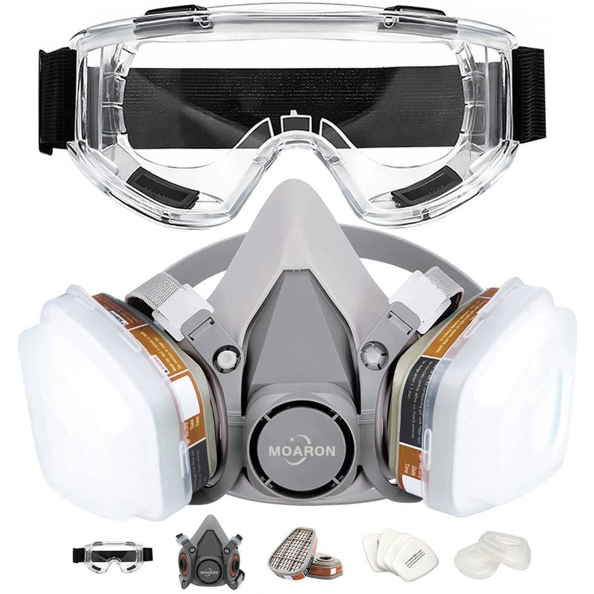 Half-face respirator set with clear goggles, gray mask and black straps