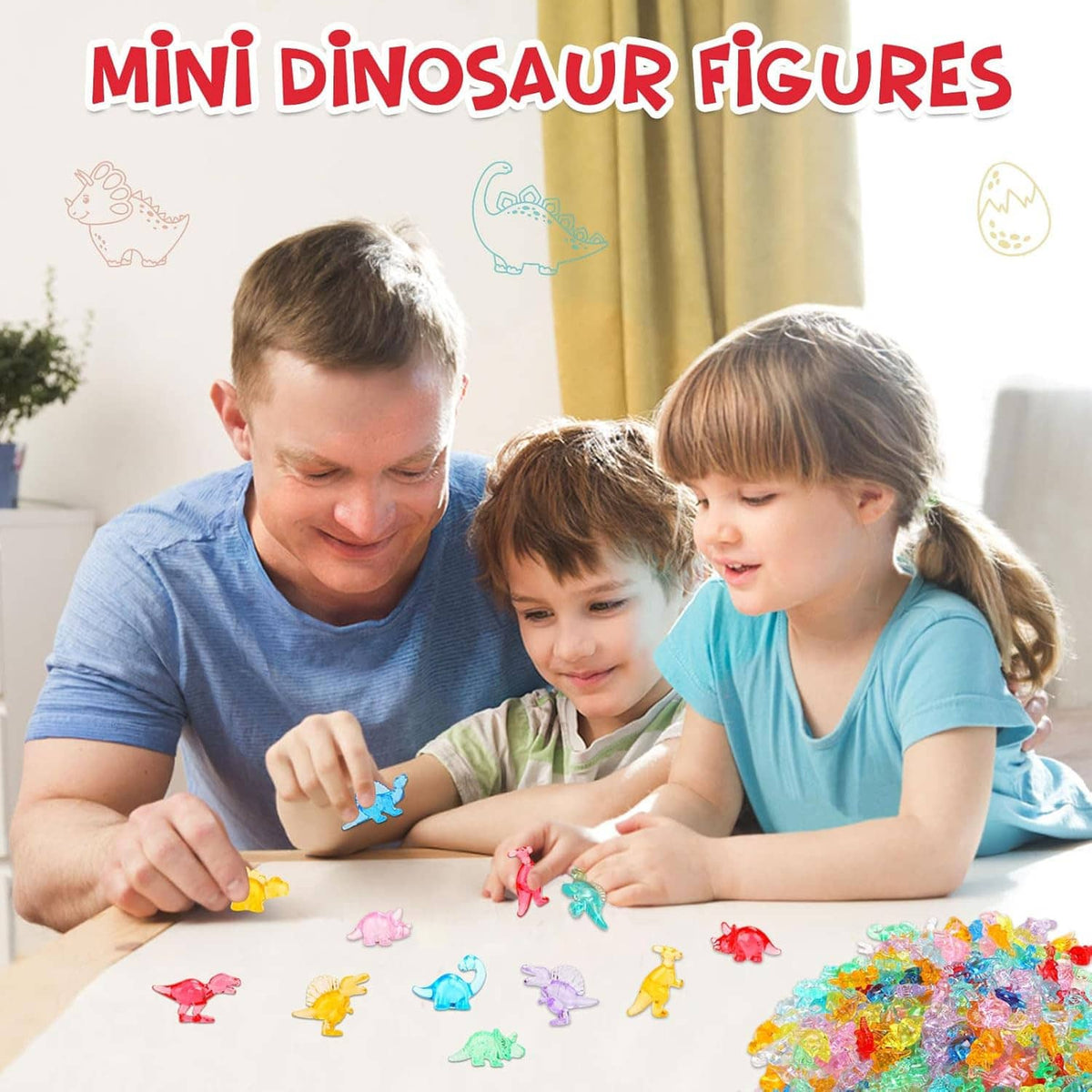 Children playing with small multicolored mini resin dinosaur figures on a tabletop