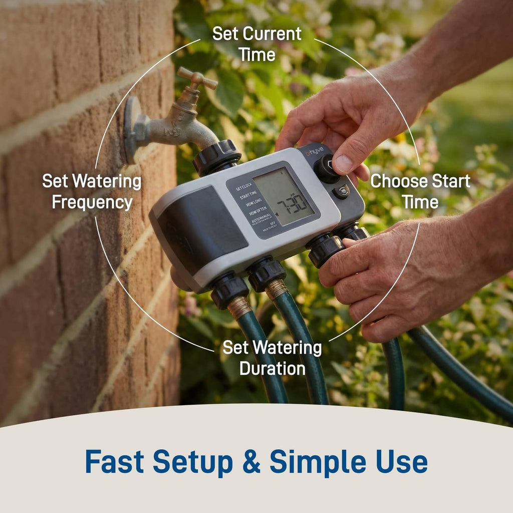 Hands adjusting a gray Orbit B-hyve XD 4-port smart hose timer with LCD settings