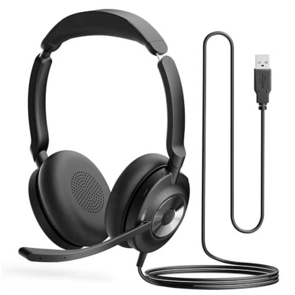 Black over-ear USB headset with boom microphone and USB connector cable