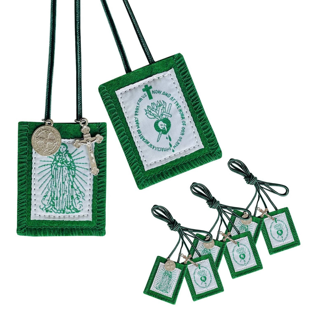 Green cloth Catholic scapulars with white image panels and metal medals, 3-pack