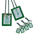 Green cloth Catholic scapulars with white image panels and metal medals, 3-pack