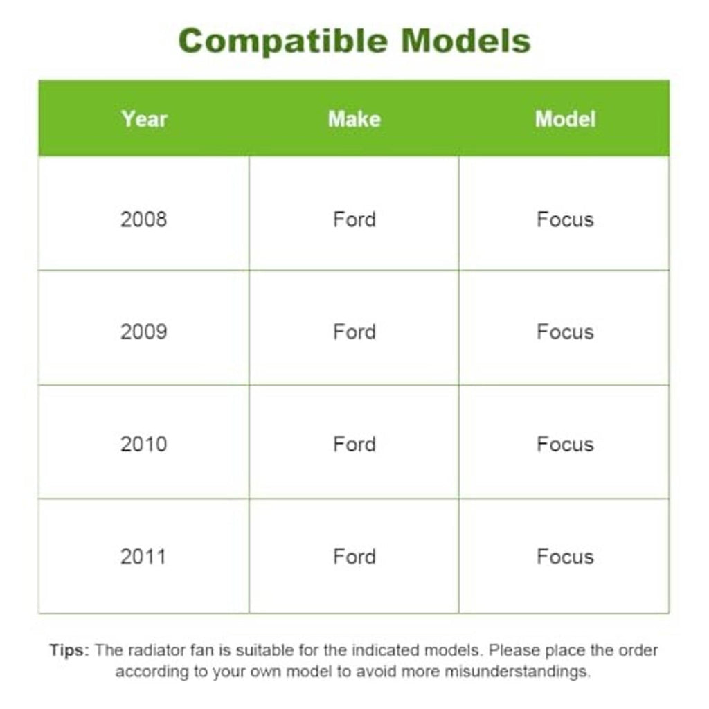 Compatible models table infographic for radiator fan with Ford Focus years