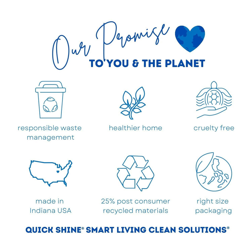 Quick Shine Smart Living clean solutions icon panel with planet and home care marks