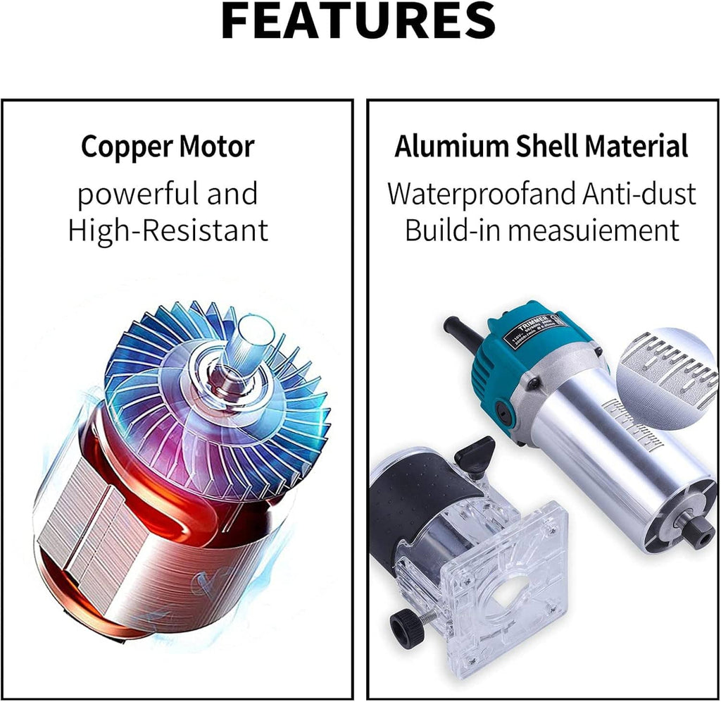 Electric router motor housing with cutaway graphics and aluminum shell feature panel
