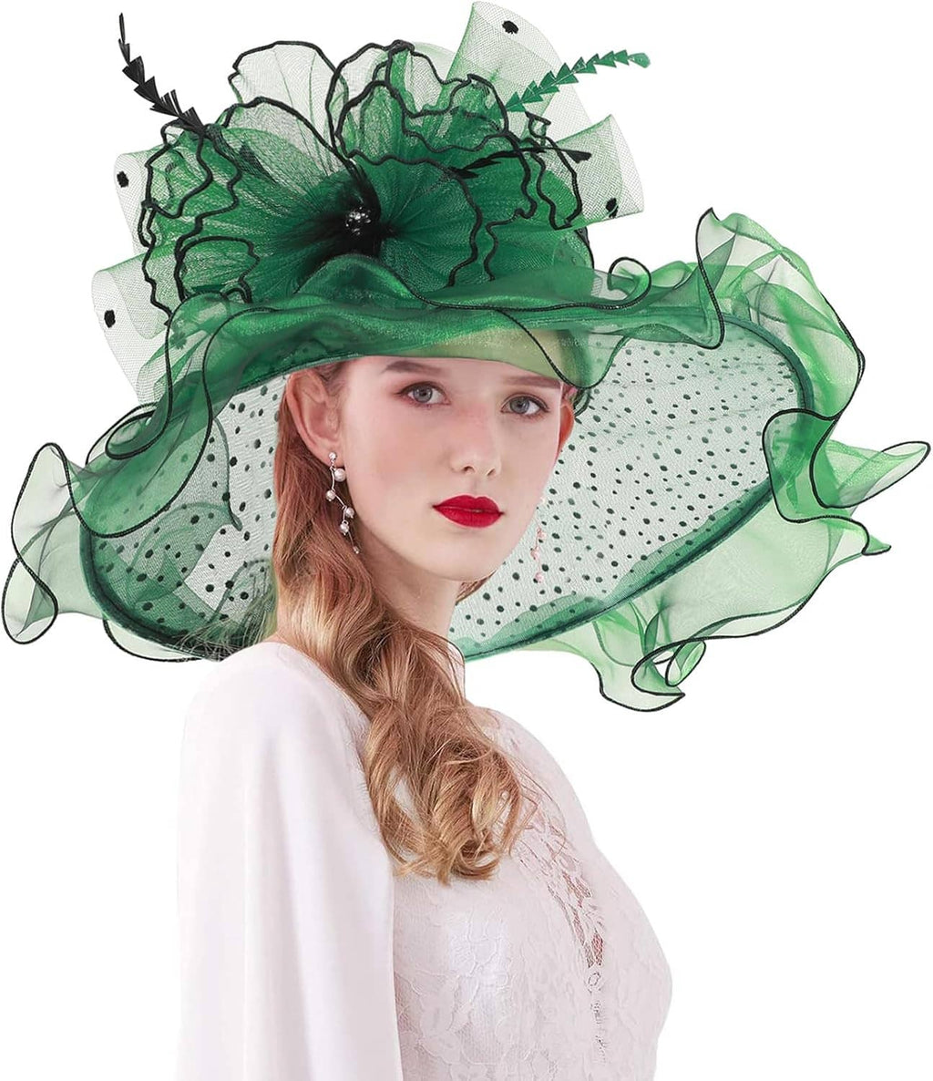 Women's green organza wide-brim derby hat with dotted mesh veil and layered ruffle flower