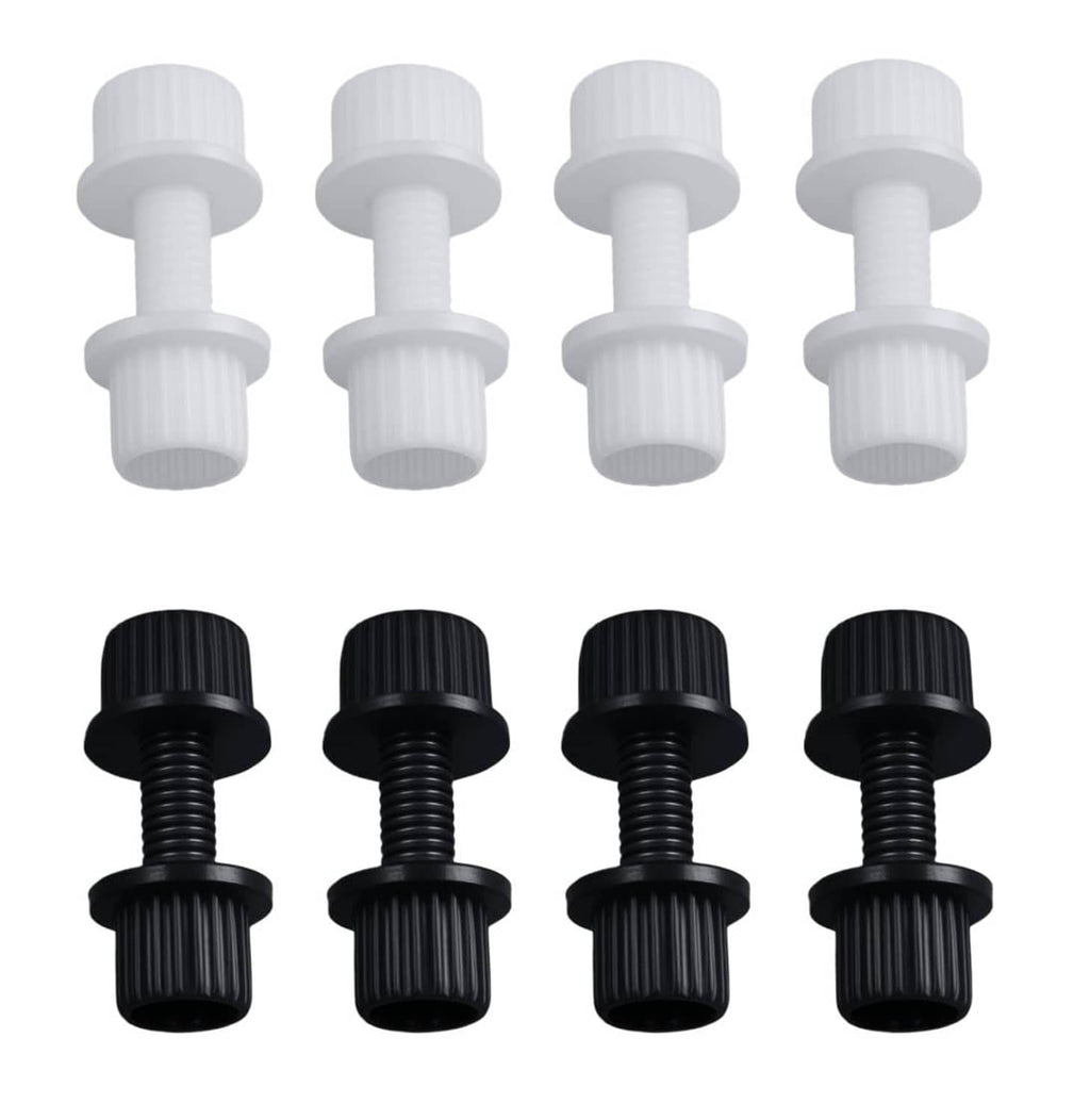 License plate fastener kit: four white and four black nylon screws with ribbed heads