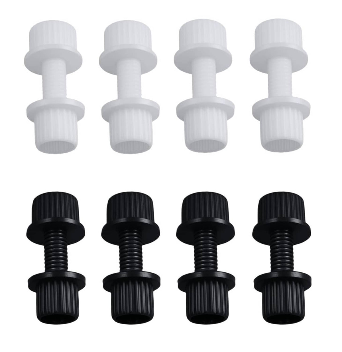 License plate fastener kit: four white and four black nylon screws with ribbed heads