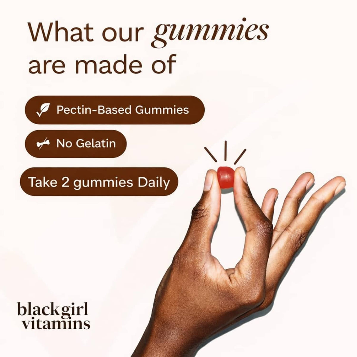 Black girl vitamins gummies graphic showing pectin-based, no gelatin, take 2