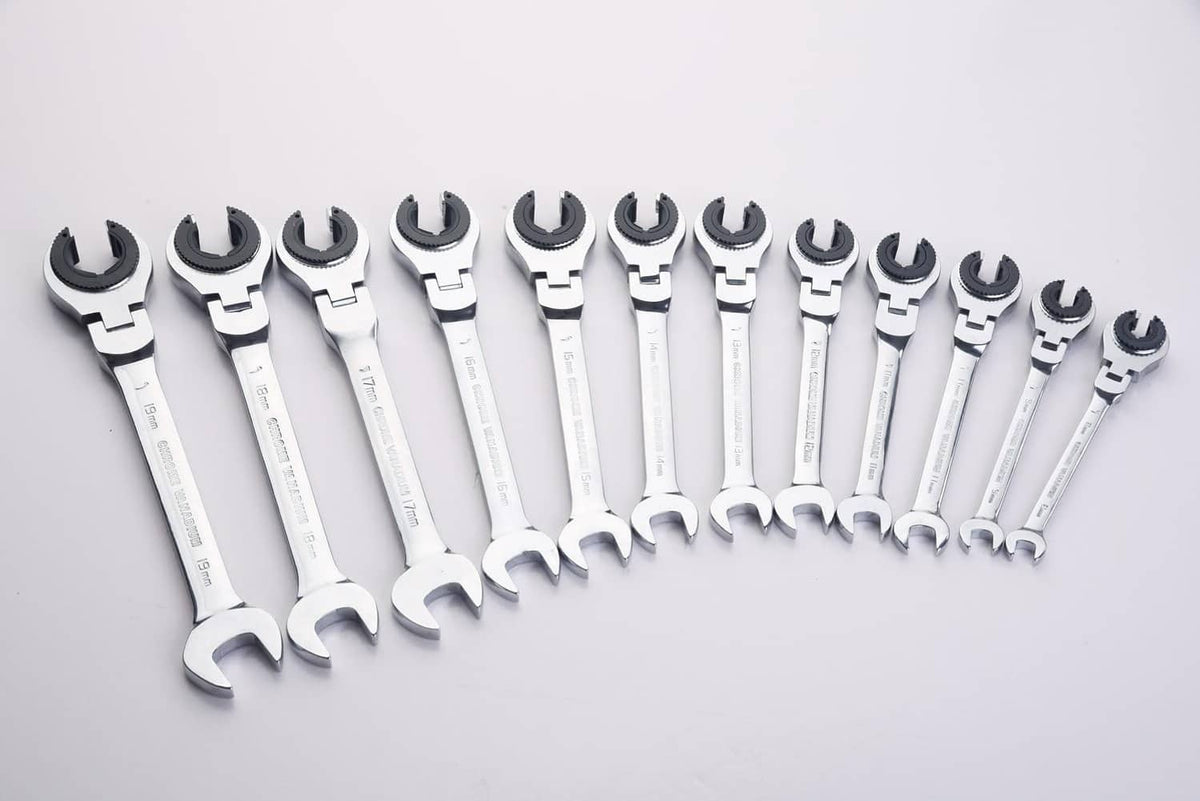 Set of chrome metric tubing wrenches with 9mm ring jaws