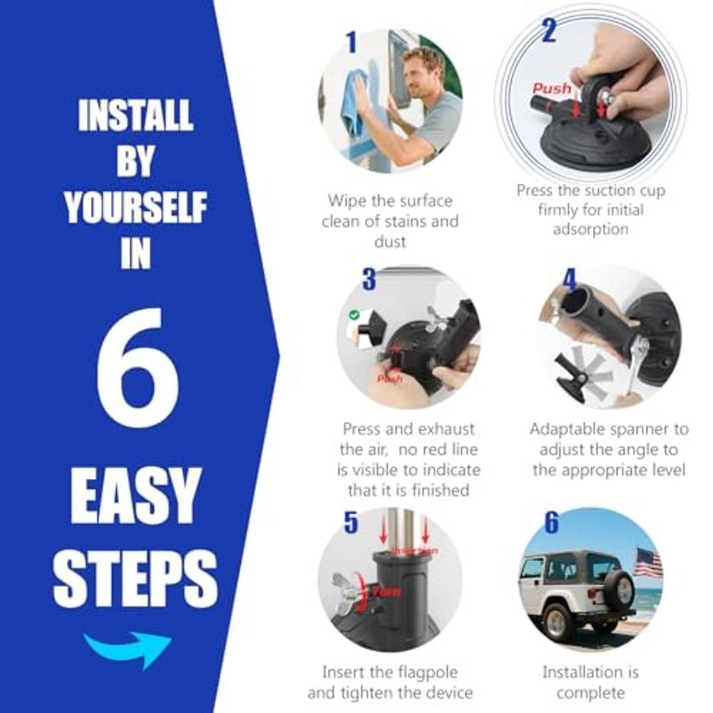 Black suction cup flag holder device shown in simple installation steps