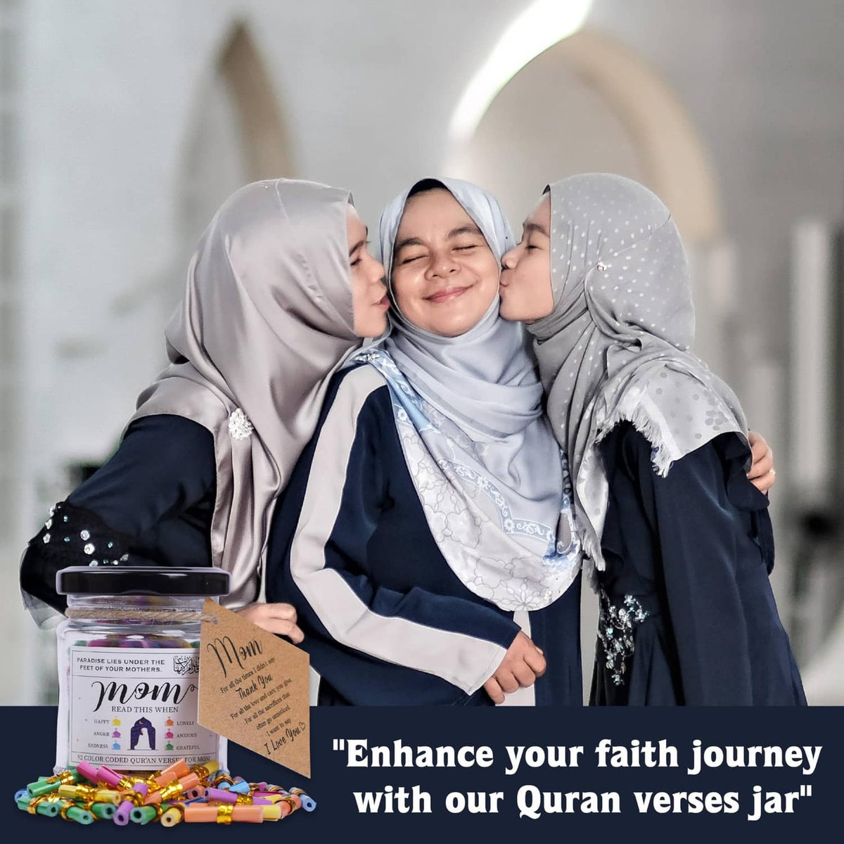 Quran verses jar with dark lid and colorful capsules with Mom card, held by family