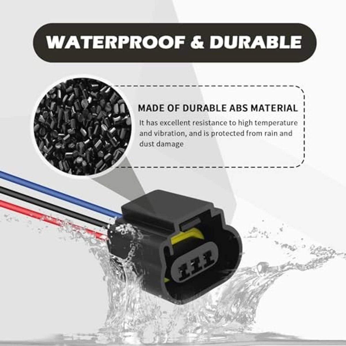 Waterproof headlight female connector with black housing and wire leads