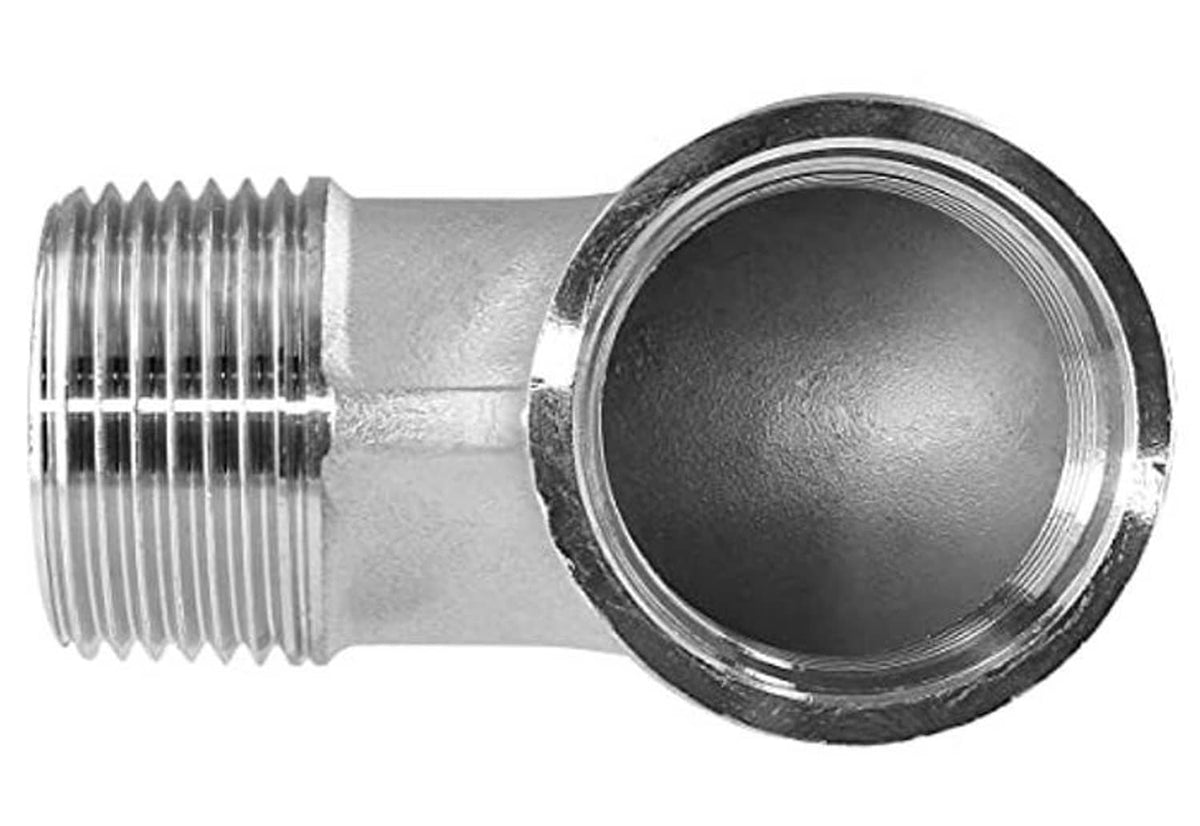 90-degree stainless steel elbow fitting with one external NPT thread and one female end