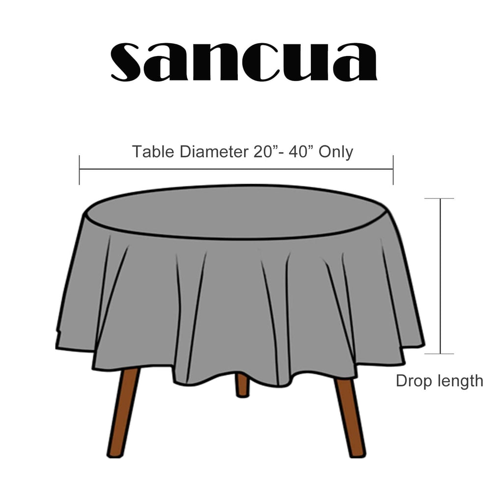 Black round tablecloth with gathered drop skirt; fits tables about 20–40 in diameter