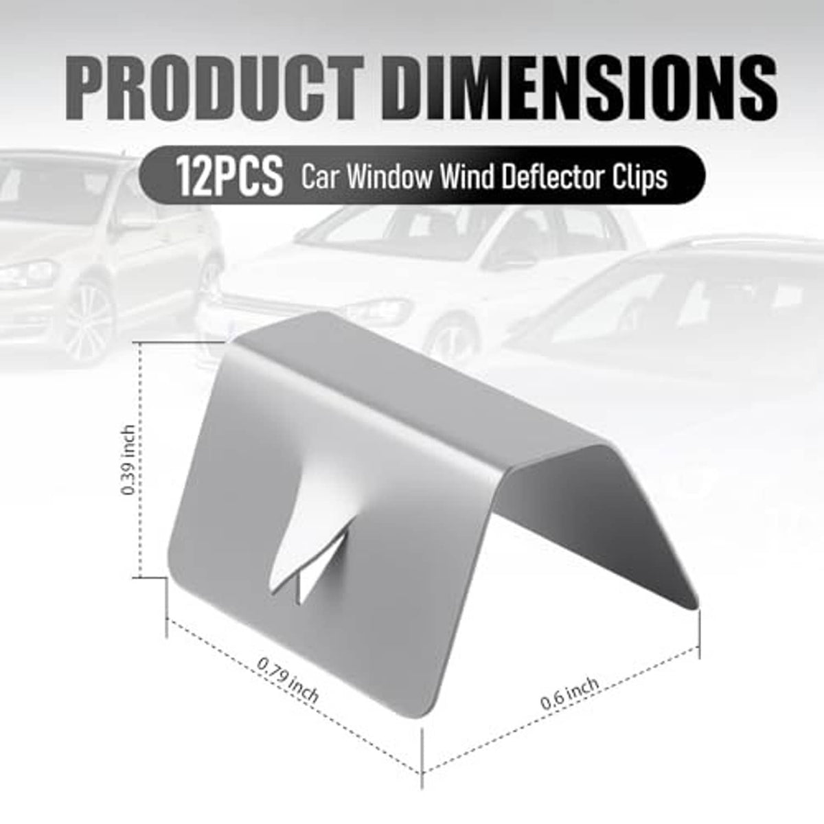 Silver window wind deflector clips with size diagram for 12-piece set