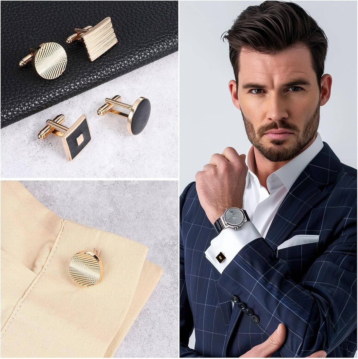 Gold-tone cufflinks with round mesh and black-square designs on a shirt cuff and leather