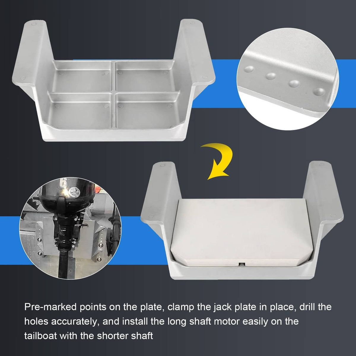 White outboard jack plate with top recesses and side mounting studs, close view