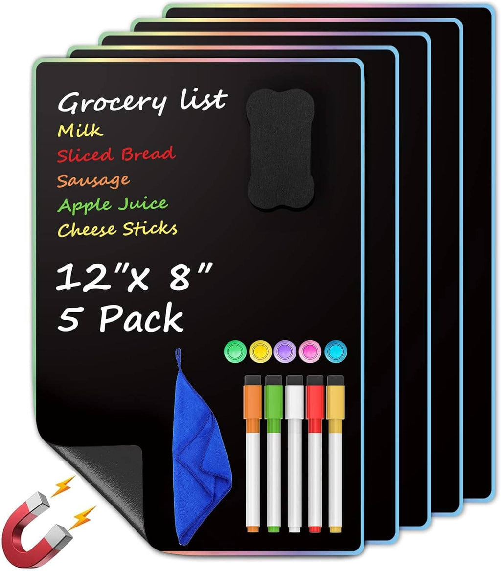 5-pack magnetic black dry erase boards with grocery list, markers, and cleaning cloth