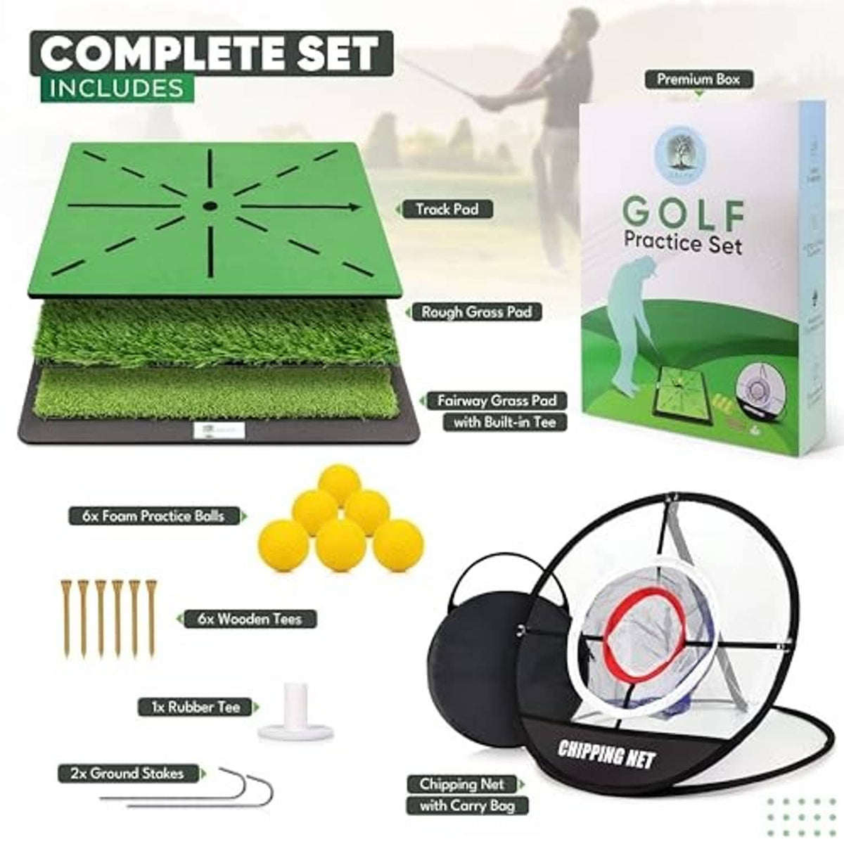 Golf practice mat set with green turf panels, foam balls, wooden tees, and chipping net