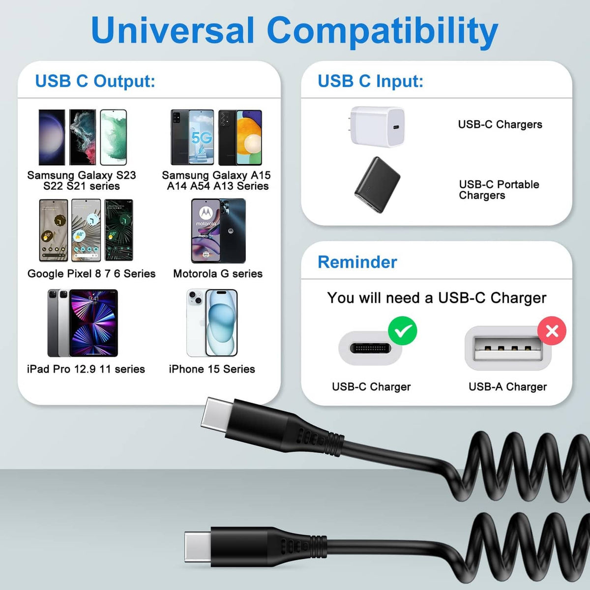 Universal coiled USB-C to USB-C cable, black, with USB-C input and output connectors