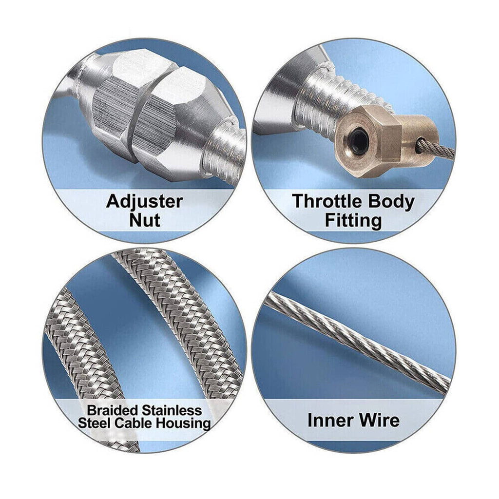 Throttle cable kit details: adjuster nut, throttle body fitting, braided housing, inner wire