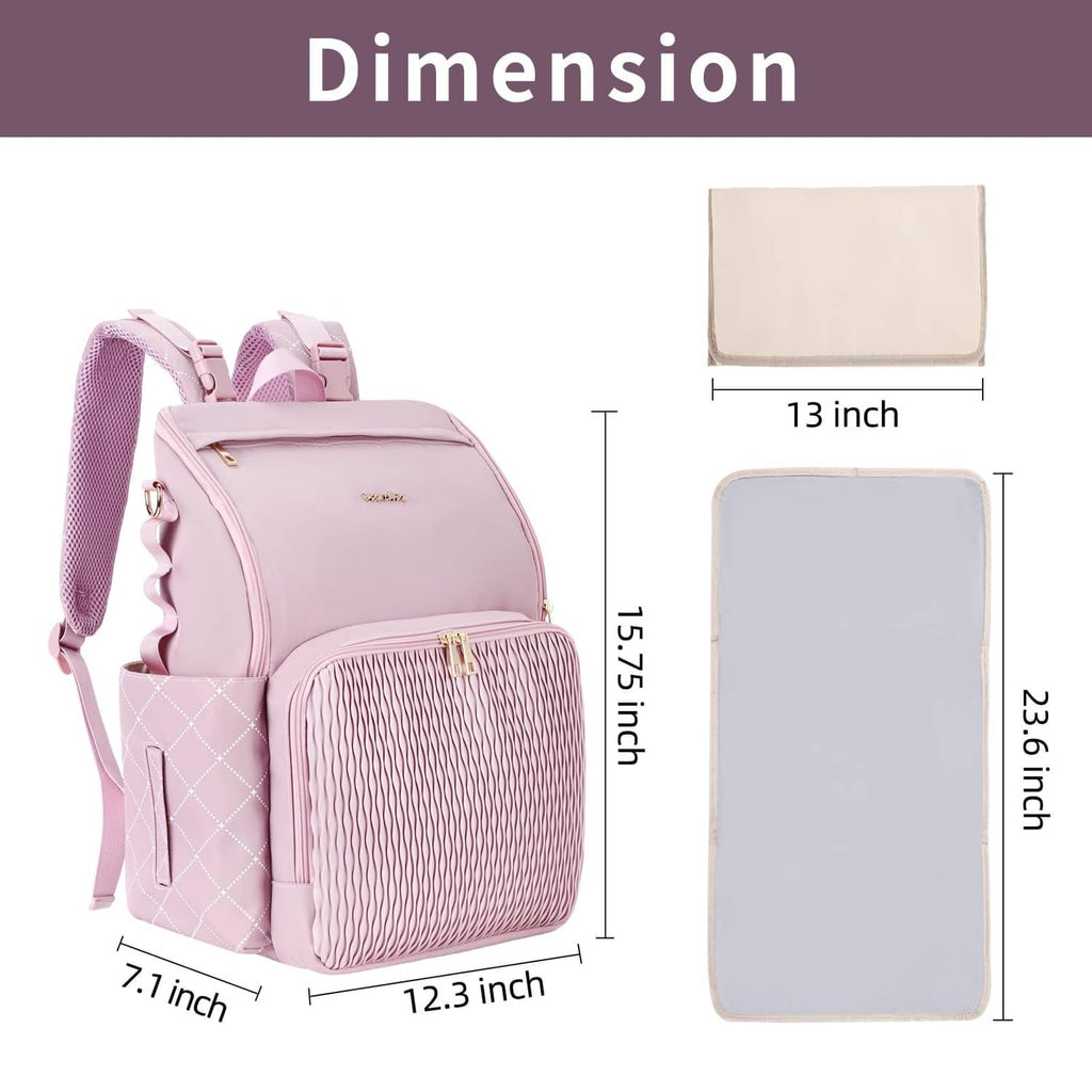 Lavender diaper bag size chart showing 13 in and 23.6 in dimensions